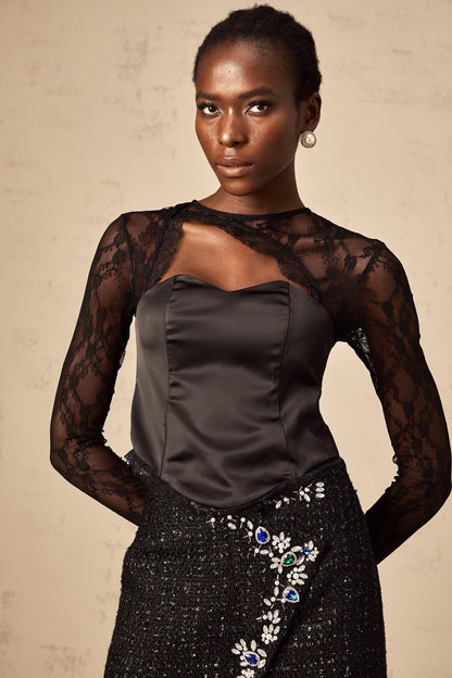 Black lace top with cutout design sleeveless blouse named Georgia