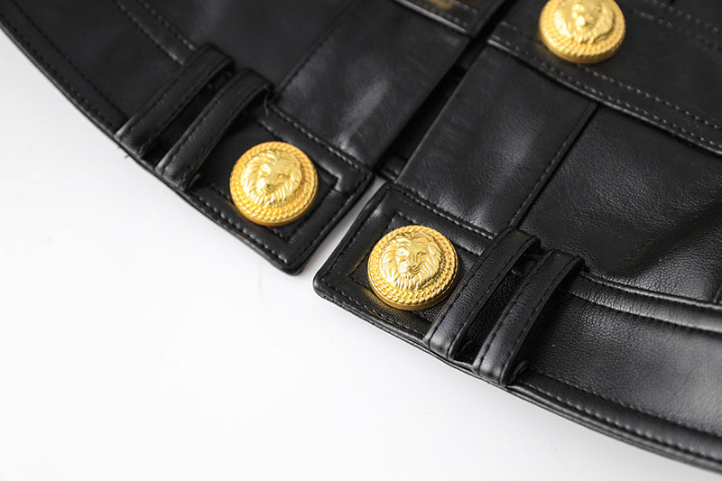 Black leather cropped jacket with gold button embellishments