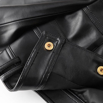 Black leather cropped jacket with gold button embellishments