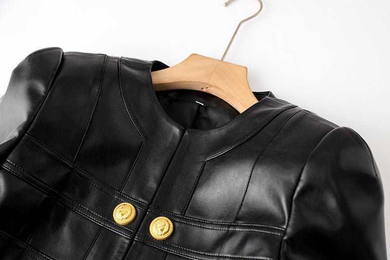 Black leather cropped jacket with gold button embellishments