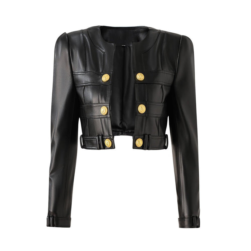 Black leather cropped jacket with gold button embellishments