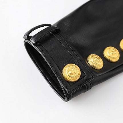 Black leather cropped jacket with gold button embellishments