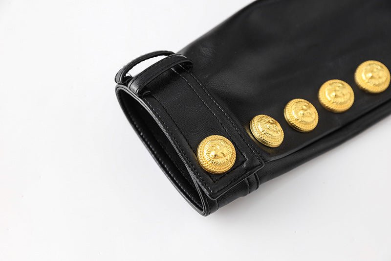 Black leather cropped jacket with gold button embellishments