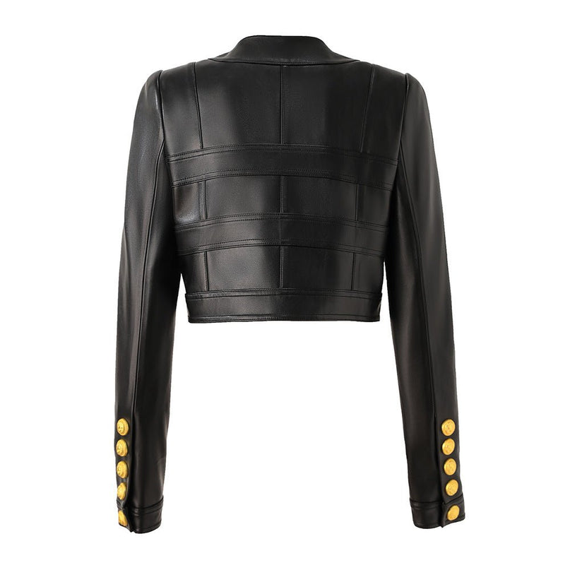 Black leather cropped jacket with gold button embellishments