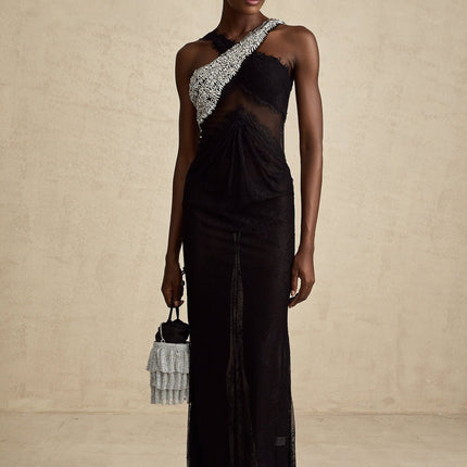 Black maxi dress with crystal embellishments and crossover design