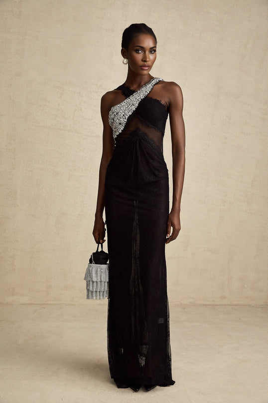 Black maxi dress with crystal embellishments and crossover design