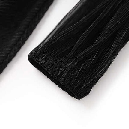 Black Maxi Length Layered Pleated Dress with V-Neckline