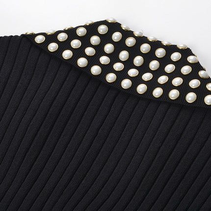 Black Maxi Length Ribbed Texture Dress with Studded Collar