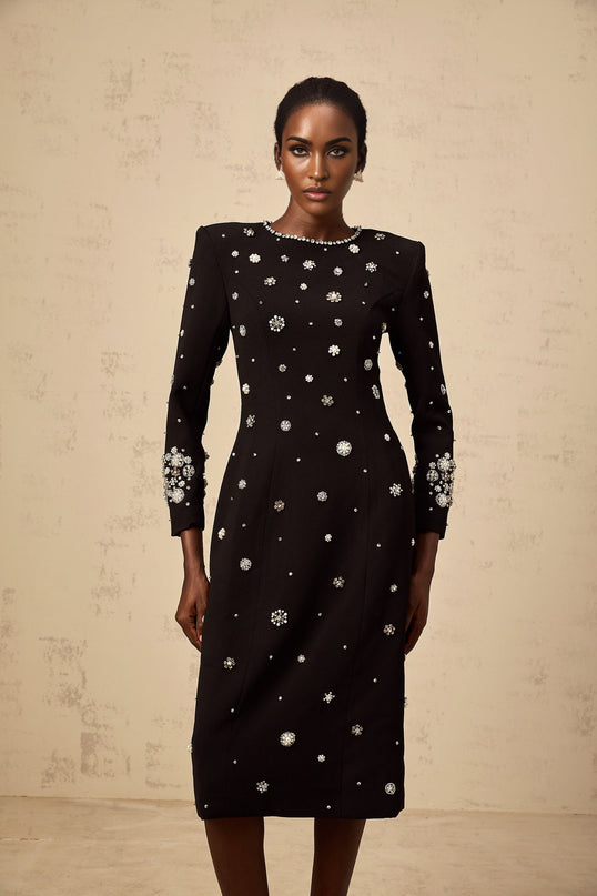 Black midi dress with dart details and embellishments designed by Gaelle