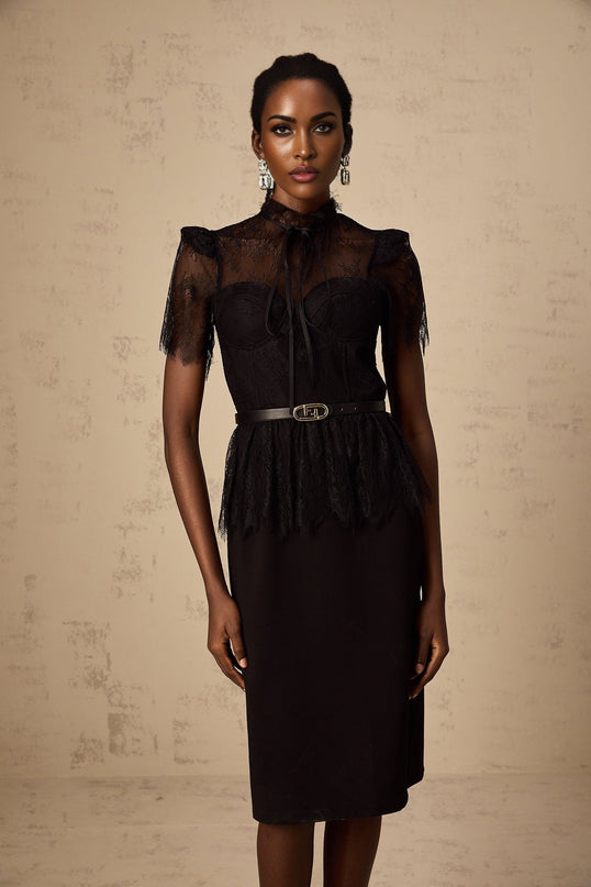 Black midi dress with guipure lace panels Therese style sleeveless design fitted silhouette no belt included