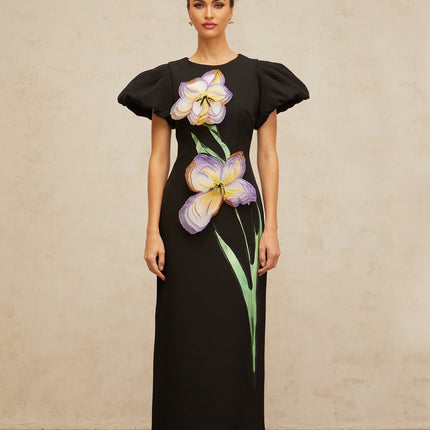 Black midi dress with sequin embellishments and floral embroidery