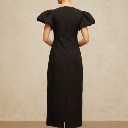 Black midi dress with sequined floral embroidery named Irene