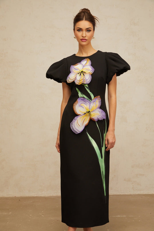 Black midi dress with sequins and floral embroidery named Irene