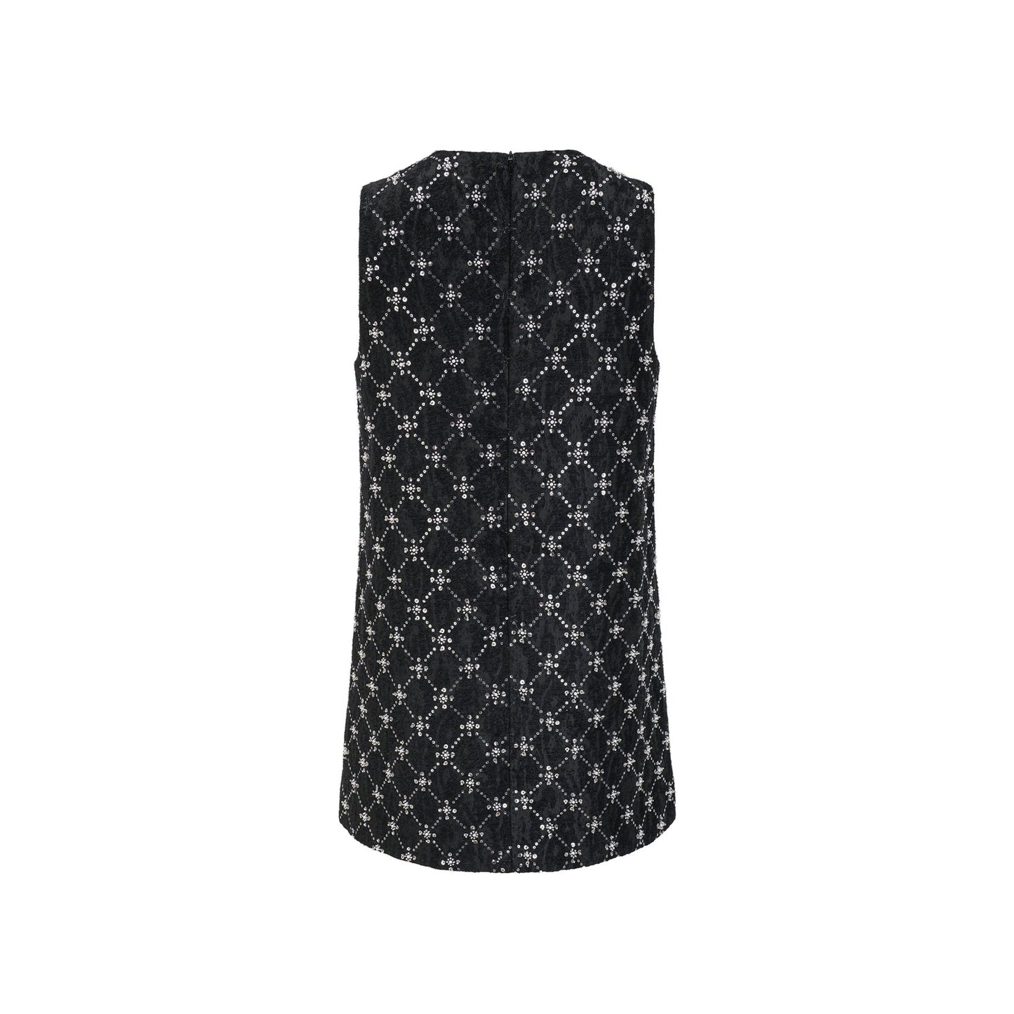 Sleeveless jet black dress with shiny crystal embellishments round neckline and hidden rear zipper made of 100% highquality polyester