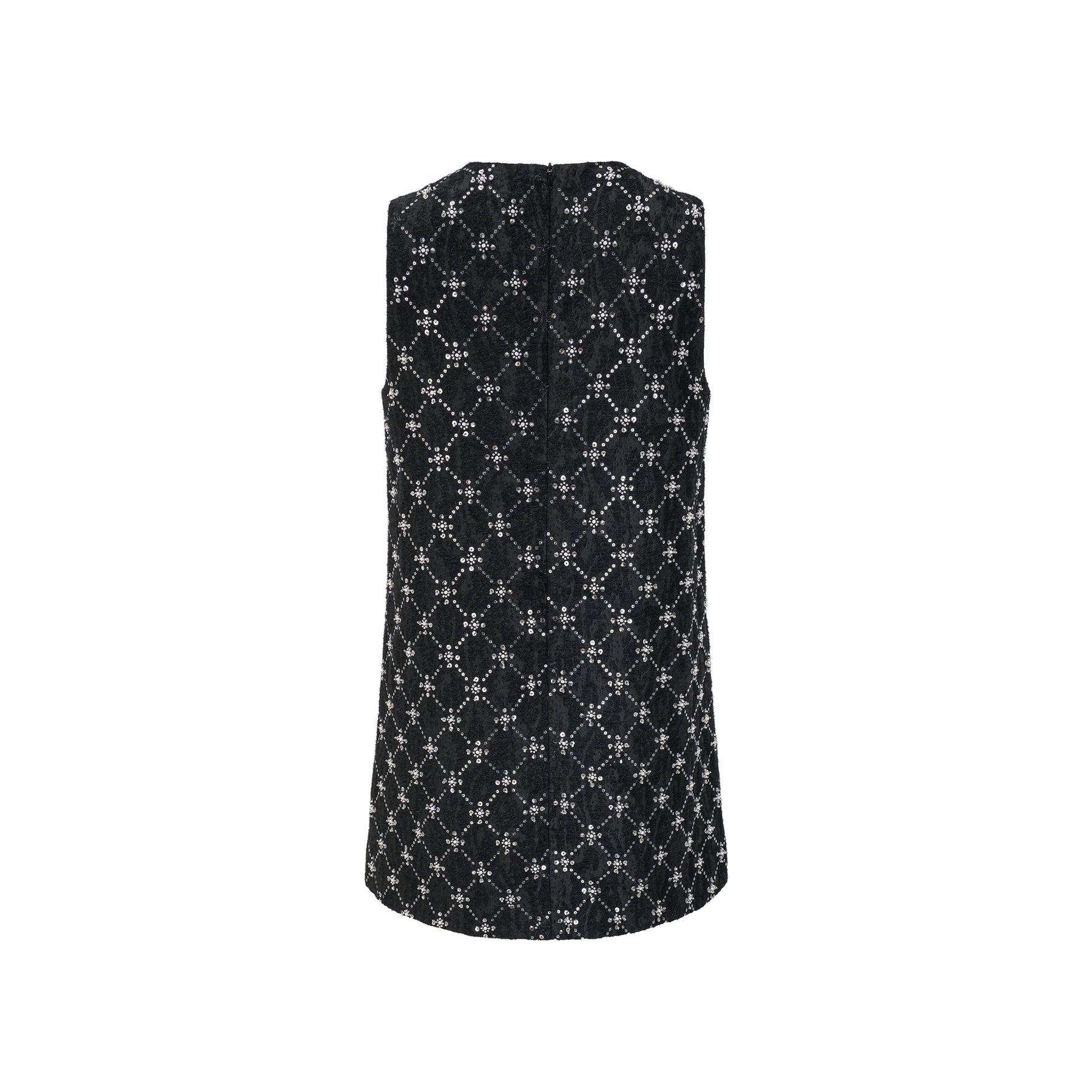 Sleeveless jet black dress with shiny crystal embellishments round neckline and hidden rear zipper made of 100% highquality polyester