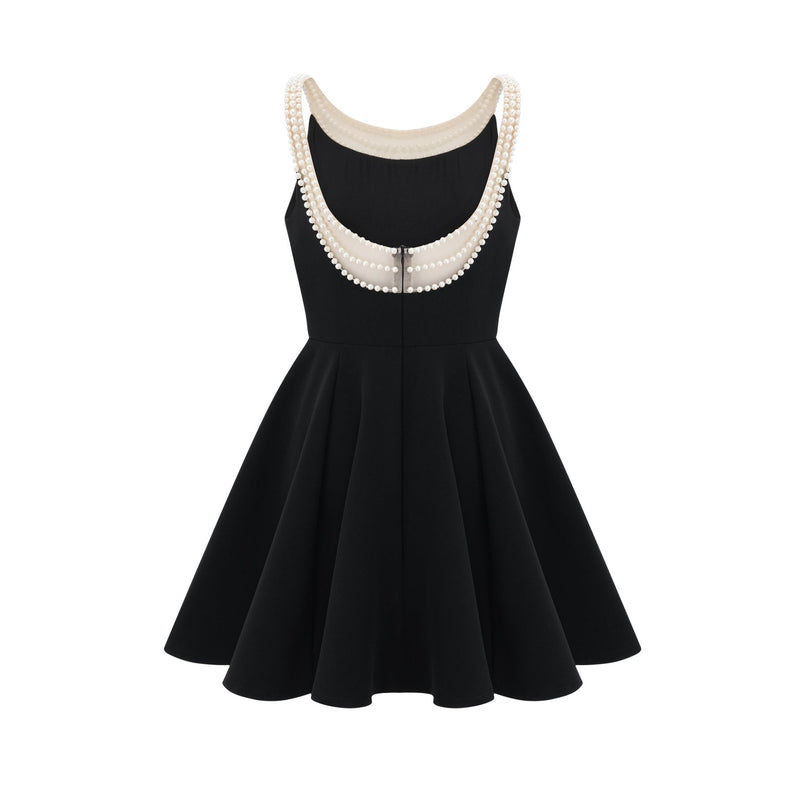 Black mini dress with faux pearl embellishments called Danae