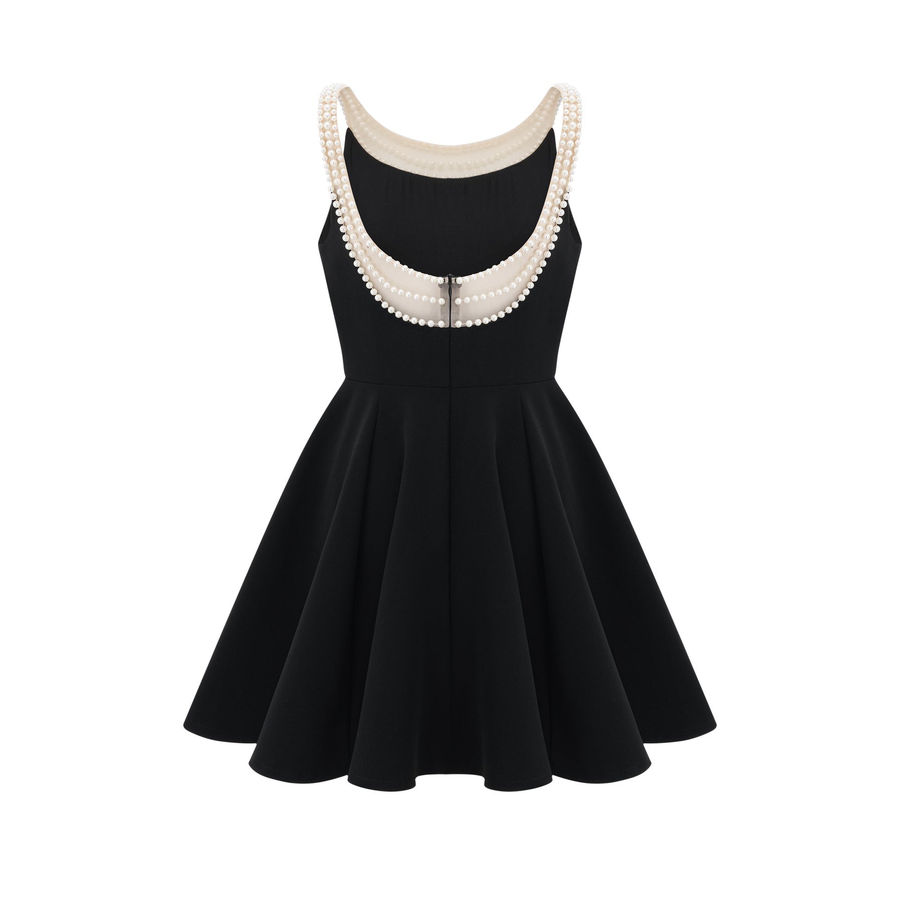 Black mini dress with faux pearl embellishments called Danae
