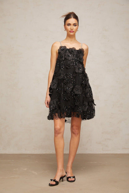Black mini dress with floral pattern and crystal embellishments named Suzette