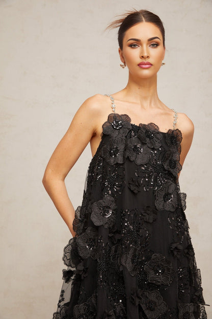 Black mini dress with floral pattern and crystal embellishments named Suzette