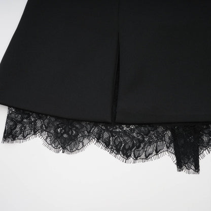 Bustier style sleeveless black dress with front doublebreasted buttons and lacedetail trims cinched waist % rear zip fastening