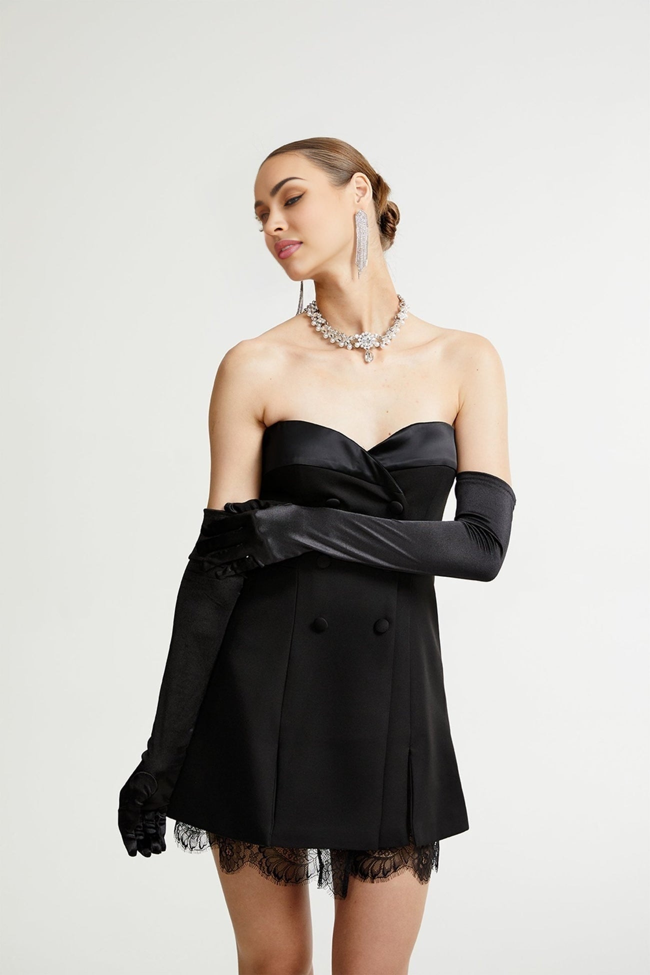 Black mini dress with lace details called Zephyra
