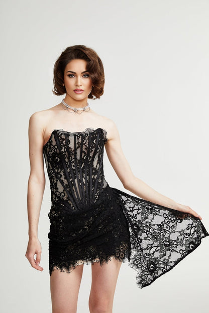 Black mini dress with lace trim called Kylitha