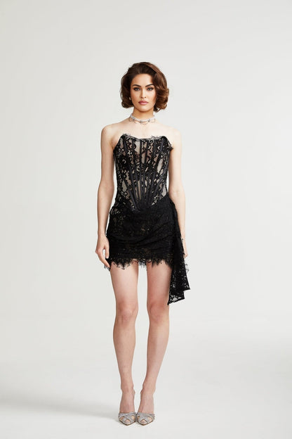 Black mini dress with lace trim named Kylitha
