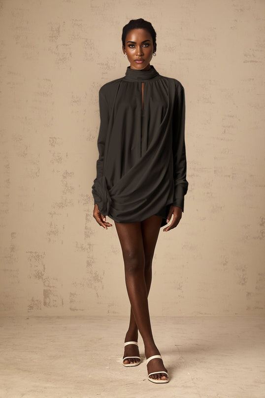 Black mini dress with ruched detailing and faux flower embellishments