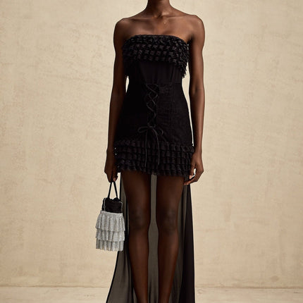 Black mini dress with ruffles and train by Michele