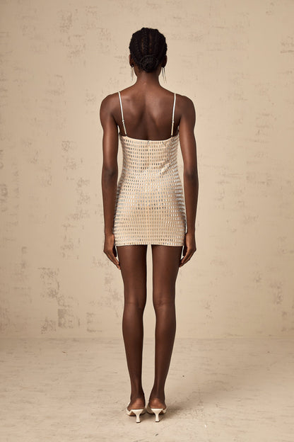 Black mini dress with shiny stud embellishments and short sleeves