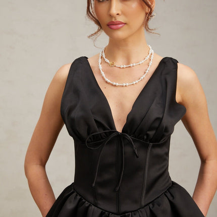 Black mini dress with Vneck and flared skirt named Jeanne