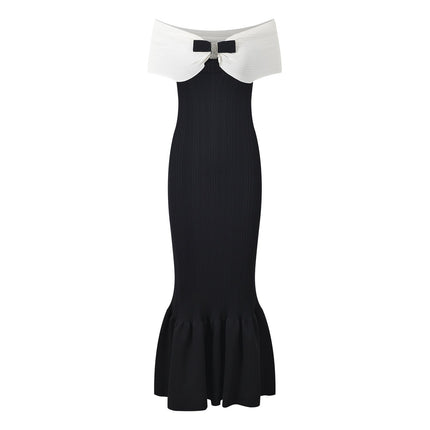 Black off-shoulder bodycon dress with bow detail