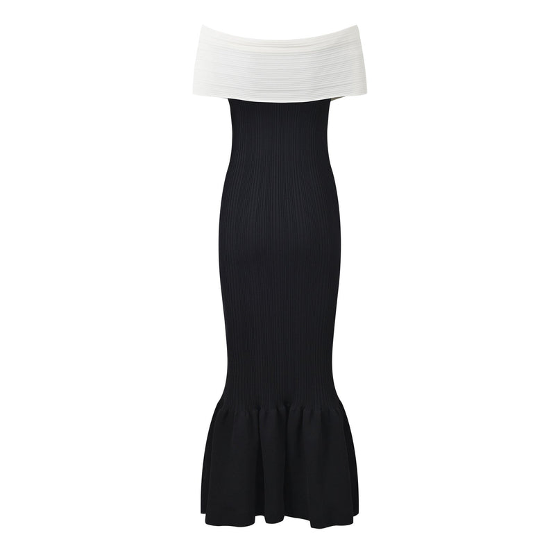 Black off-shoulder bodycon dress with bow detail