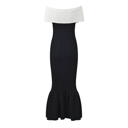 Black off-shoulder bodycon dress with bow detail
