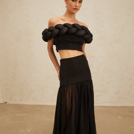 Black off the shoulder cropped top with braid detailing and rhinestone embellishment