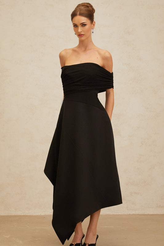 Black off the shoulder maxi dress with cinched waist and ruched detailing
