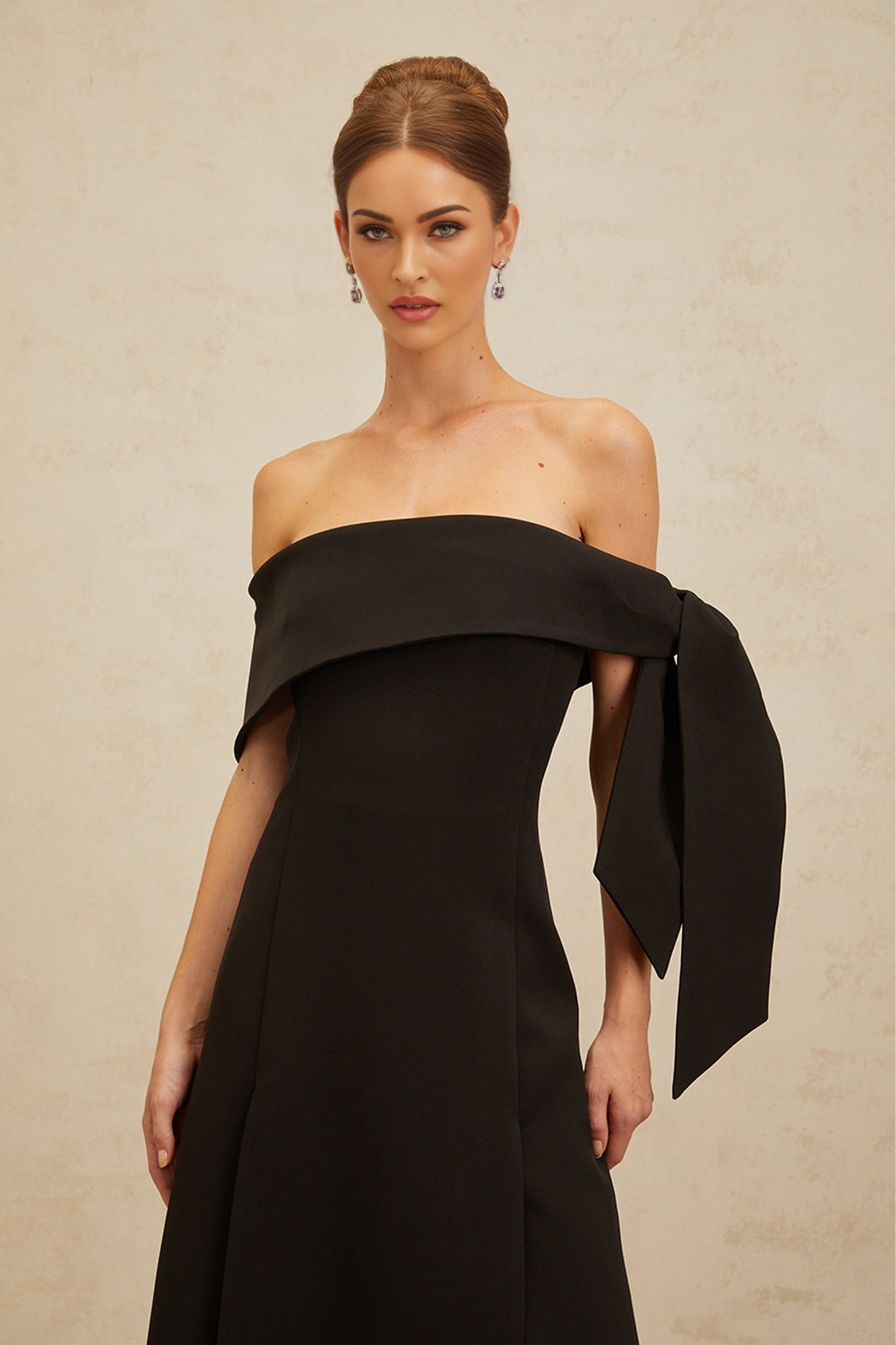 Black off the shoulder maxi dress with self-tie bowknot and side slit