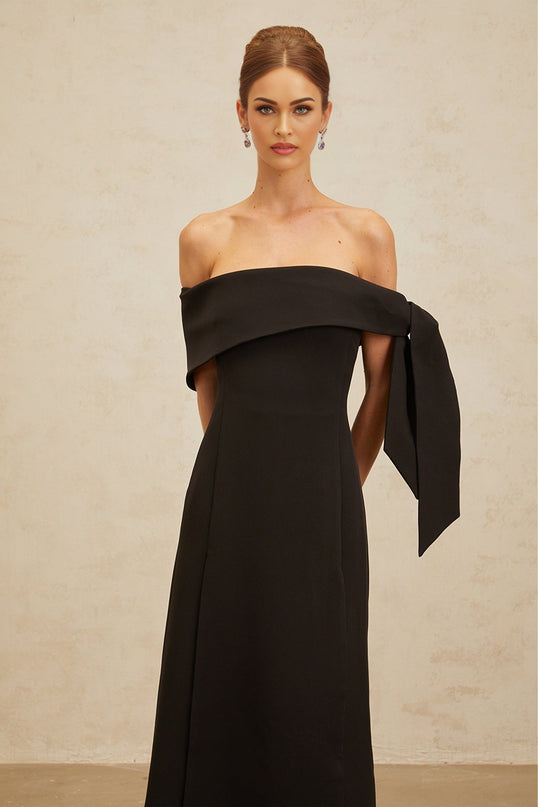 Black off the shoulder maxi dress with self-tie bowknot and side slit