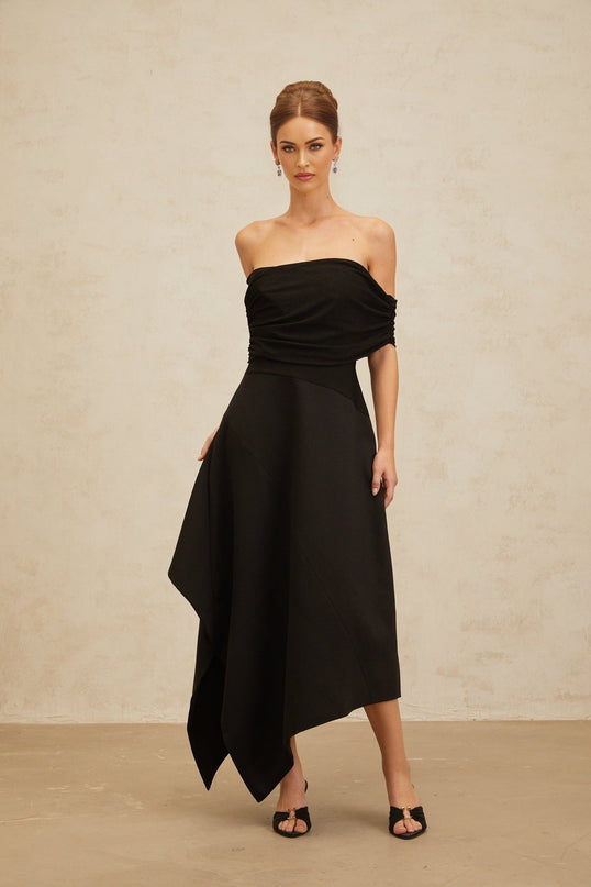 Black off the shoulder maxi dress with cinched waist and ruched detailing