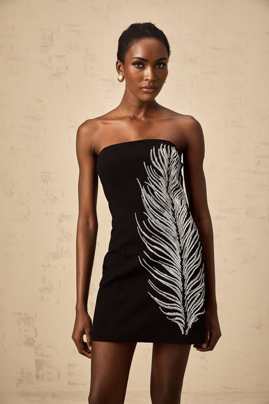 Black off shoulder mini dress with feather embellishments