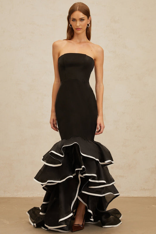 Black off the shoulder sleeveless fitted waistline layered design ruffled detailing mermaid hem maxi length dress