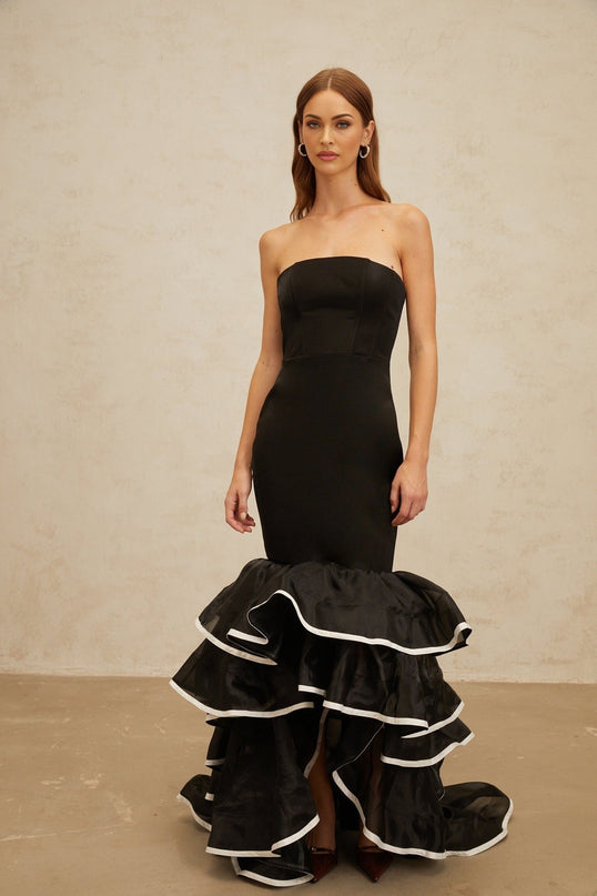 Black off the shoulder sleeveless maxi dress with layered design and ruffled detailing