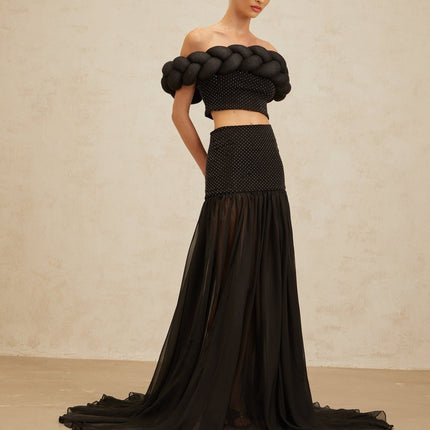 Black off the shoulder cropped top with braid detailing and rhinestone embellishment