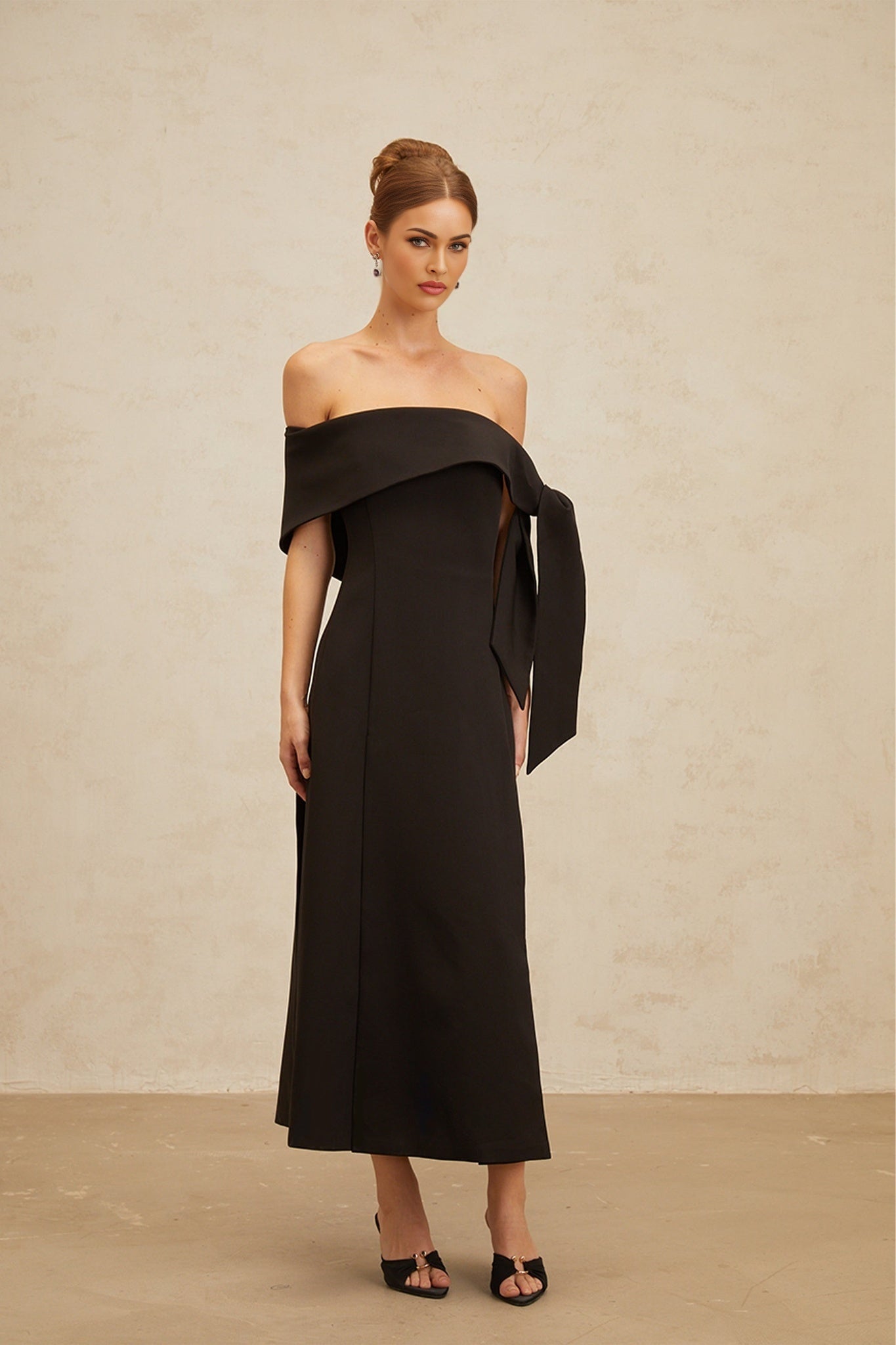 Black off the shoulder maxi dress with self-tie bowknot and side slit