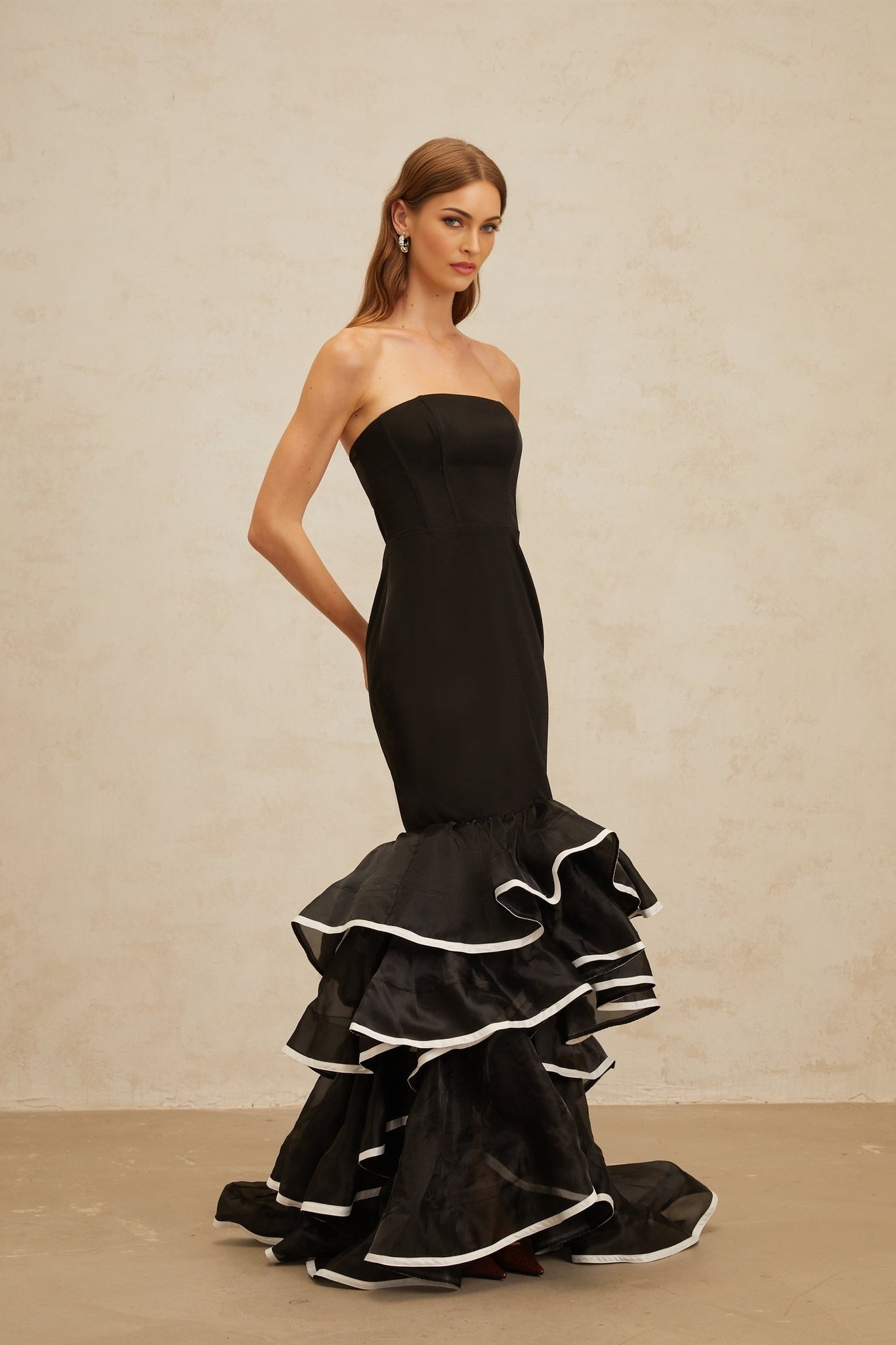 Black off the shoulder sleeveless mermaid hem maxi dress with ruffled detailing
