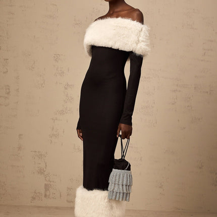 Black offshoulder midi dress with faux fur trim featuring a fitted silhouette and Kendall design