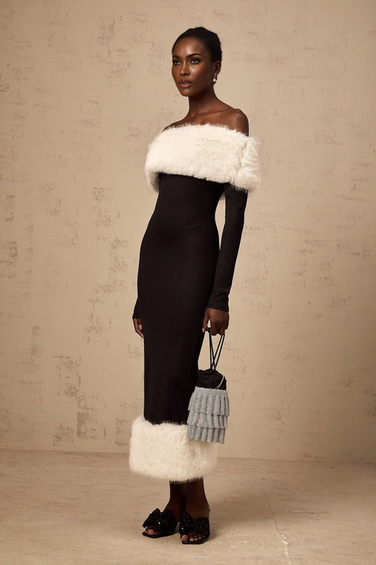 Black offshoulder midi dress with faux fur trim featuring a fitted silhouette and Kendall design
