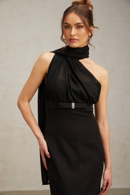 Black one shoulder midi dress with draped design featuring Nicole style