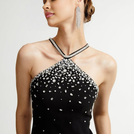 Black ornate mini dress Xanthea with decorative details and short length