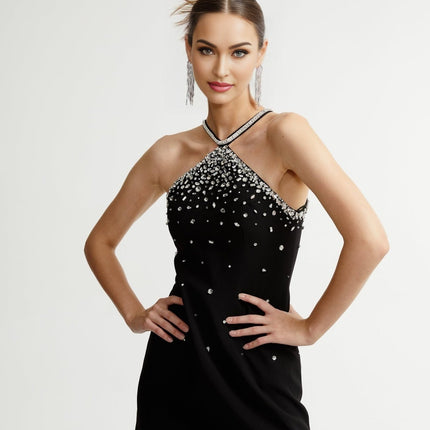 Black ornate mini dress Xanthea with decorative details and short length